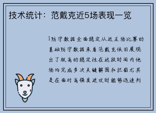 技术统计：范戴克近5场表现一览